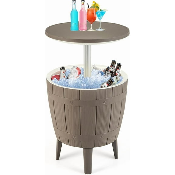 10 Gallon Cooler Table, Cool Bar Table with Height Adjustable Tabletop & Drainage Plug, 3-in-1 Cocktail Drinks & Wine, Outdoor Cooler Side Table for Backyard, Party, Poolside