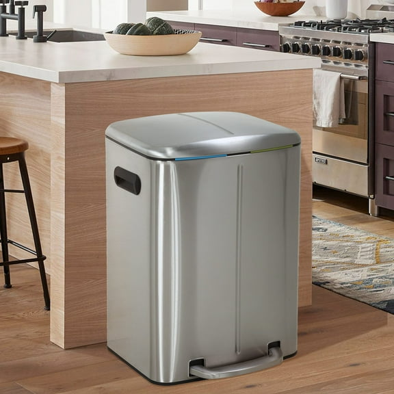 10 Gallon Dual Compartment Trash Can and Recycle Bin, Stainless Steel Foot Pedal Garbage Can Bathroom Double Trash Can Recycling for Kitchen with 2 x 5 Gallon Removable Inner Buckets, Soft Close