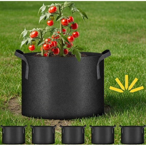 10 Gallon Fabric Grow Bags 5 Pack, Heavy Duty Nonwoven Plant Pots with Handles, Breathable Aeration Garden Containers for Vegetables, Fruits and Flowers Indoor Outdoor Use