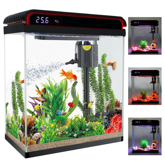 10 Gallon Fish Tank, Betta Fish Tank Smart Aquarium Kit, Glass Aquarium Starter Kits Self Cleaning with 3-Color Lights and Temperature Detection Ultra Quiet Gift for Kid