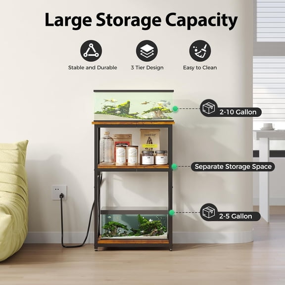 10 Gallon Fish Tank Stand with Power Outlet, 3 Tier Aquarium Stand with Shelf, Turtle/Reptile Tank Stand for Home Office, Adjustable Boards, 20.47''L11.42''W30.91''H, Retro Brown