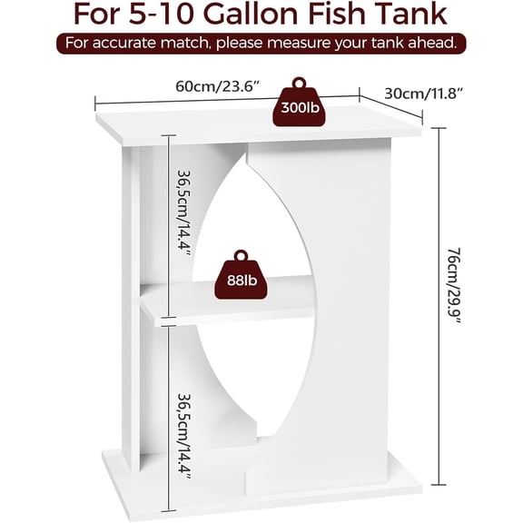 10 Gallon Fish Tank Stand, Wooden Aquarium Stand with 3-Tier Storage Shelves, Heavy Duty Turtle Reptile Terrarium Tank Stand for Home Office, 23.6" L x 11.8" W x 29.9" H, White FTWT7601