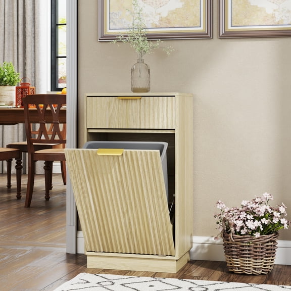 10-Gallon Tilt-Out Trash Can Cabinet - Odor-Hiding Pull-Out Bin + Hideaway Drawer Space-Saving Organizer for Kitchen/Bathroom/RV/Apartment ，Natural Oak