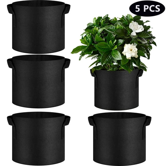 10 Gallon Plant Grow Bags,Set of 5, Nonwoven Fabric Garden Planting Bag with Durable Handle,Bags for Tomato, Vegetable and Fruits, Black