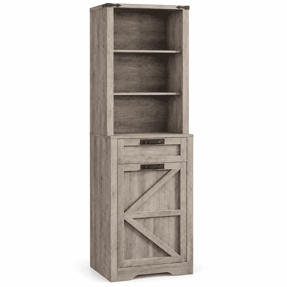 10 Gallon Tall Tilt Out Trash Can Cabinet with Drawer and 3 Tier Shelves, Farmhouse Hidden Garbage Bin Storage Organizer for Kitchen, Bathroom and Laundry Room, Grey