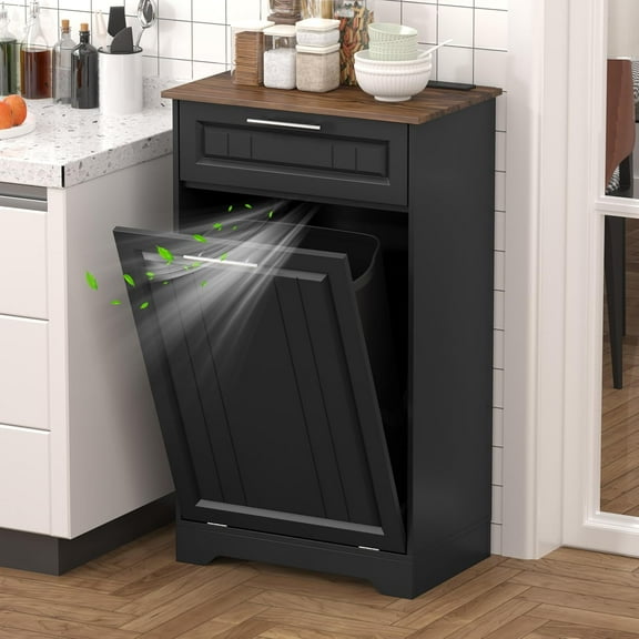 10 Gallon Tilt Out Kitchen Trash Can Cabinet with Deodorizing Function, Wooden Garbage Can Cabinet with Storage Drawer, Hidden Laundry Hamper Holder for Washing Room, Black