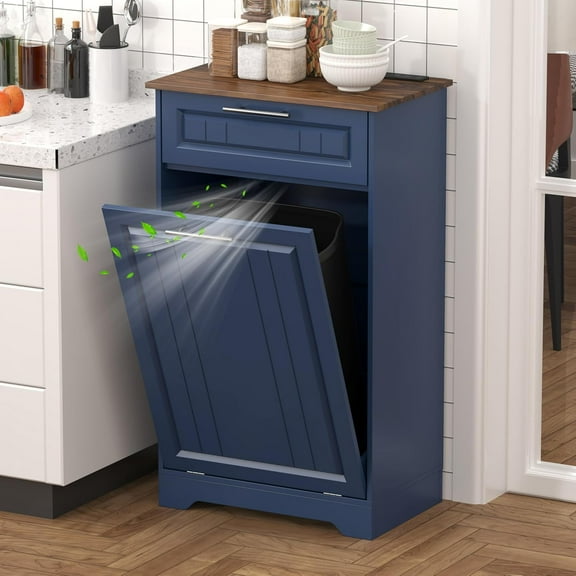 10 Gallon Tilt Out Kitchen Trash Can Cabinet with Deodorizing Function, Wooden Garbage Can Cabinet with Storage Drawer, Hidden Laundry Hamper Holder for Washing Room, Blue