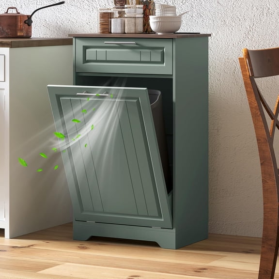 10 Gallon Tilt Out Kitchen Trash Can Cabinet with Deodorizing Function, Wooden Garbage Can Cabinet with Storage Drawer, Hidden Laundry Hamper Holder for Washing Room, Green