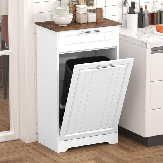 10 Gallon Tilt Out Kitchen Trash Can Cabinet, Wooden Garbage Can Cabinet with Storage Drawer, Hidden Laundry Hamper Holder for Washing Room, White