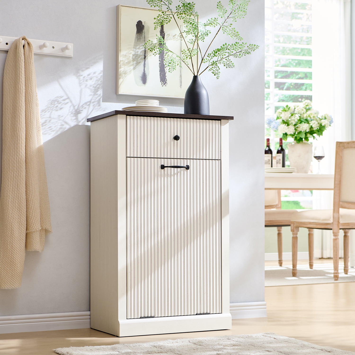 10 Gallon Tilt-Out Trash Can Cabinet, Modern Laundry Hamper Cabinet with Drawers, Hidden Garbage Can Cabinet for Kitchen and Living Room