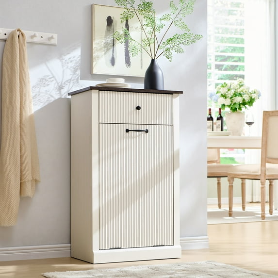 10 Gallon Tilt-Out Trash Can Cabinet, Modern Laundry Hamper Cabinet with Drawers, Hidden Garbage Can Cabinet for Kitchen and Living Room