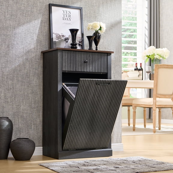 10 Gallon Tilt-Out Trash Can Cabinet, Modern Laundry Hamper Cabinet with Drawers, Hidden Garbage Can Cabinet for Kitchen and Living Room