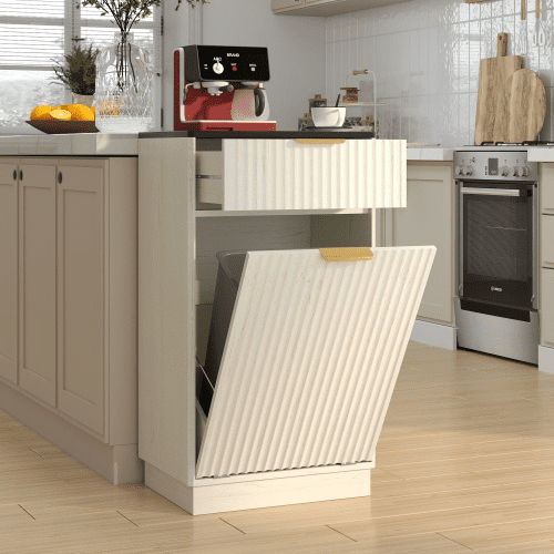 10 Gallon Tilt-Out Trash Can Cabinet, Woodgrain Garbage Recycling Cabinet with Wave-Textured Drawer & Pull-Out Bin, Antique White Kitchen Organizer, Ancient White & Black