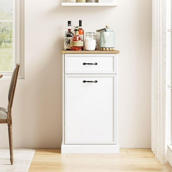 10 Gallon Tilt Out Trash Cabinet, Freestanding Kitchen Trash Bin Cabinet with Hideaway Drawer, Pet Proof Wooden Garbage & Recycling Cabinet for Kitchen & Living Room, White
