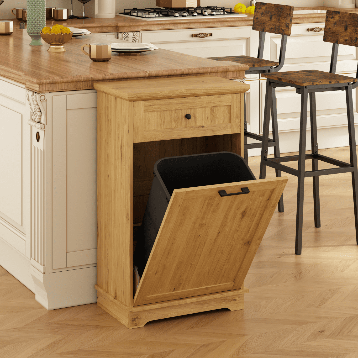 10 Gallon Tilt Out Trash Cabinet Freestanding Trash Bin Cabinet Wood Garbage Recycling Cabinet with Hideaway Drawer Pet Proof Trash Can Holder for Kitchen Living Room, Natural (not include can)