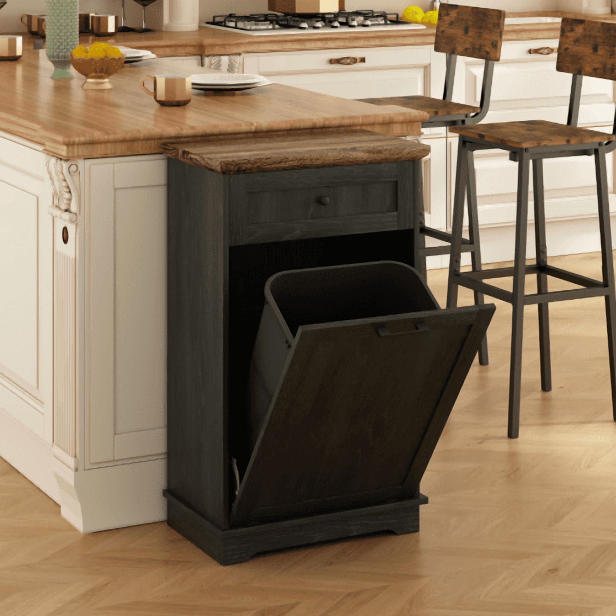 10 Gallon Tilt Out Trash Cabinet, Freestanding Wooden Garbage Recycling Bin with Hideaway Drawer, Pet Proof Trash Can Holder for Kitchen Living Room, Antique Black (Trash Can Not Included)