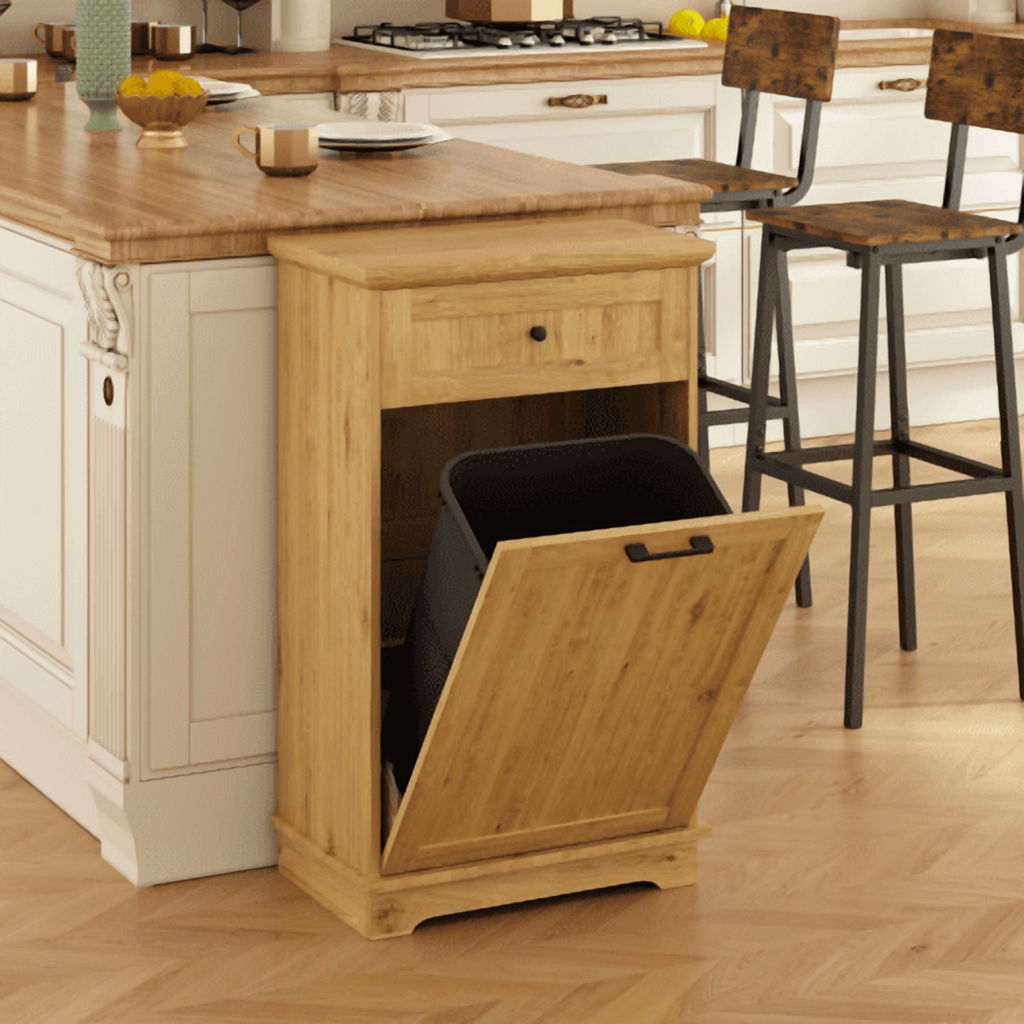 10 Gallon Tilt Out Trash Cabinet, Freestanding Wooden Garbage Recycling Bin with Hideaway Drawer, Pet Proof Trash Can Holder for Kitchen Living Room, Natural (Trash Can Not Included)