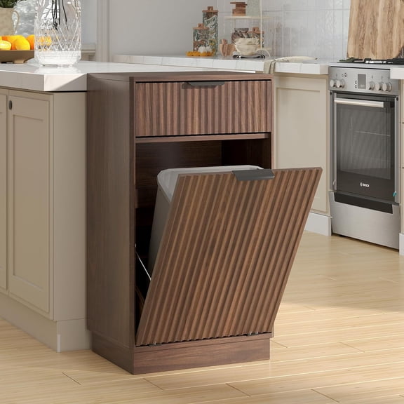 10 Gallon Tilt Out Trash Can Cabinet, Dog Proof Tilt Out Laundry Hamper Cabinet with Storage Drawer, Hidden Barn Door Kitchen Bin for Kitchen, Living Room, Bathroom (Walnut)