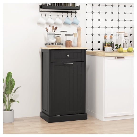 10 Gallon Trash Cabinet, Wooden Hidden Trash Can with Storage, Kitchen Laundry Hamper, Black