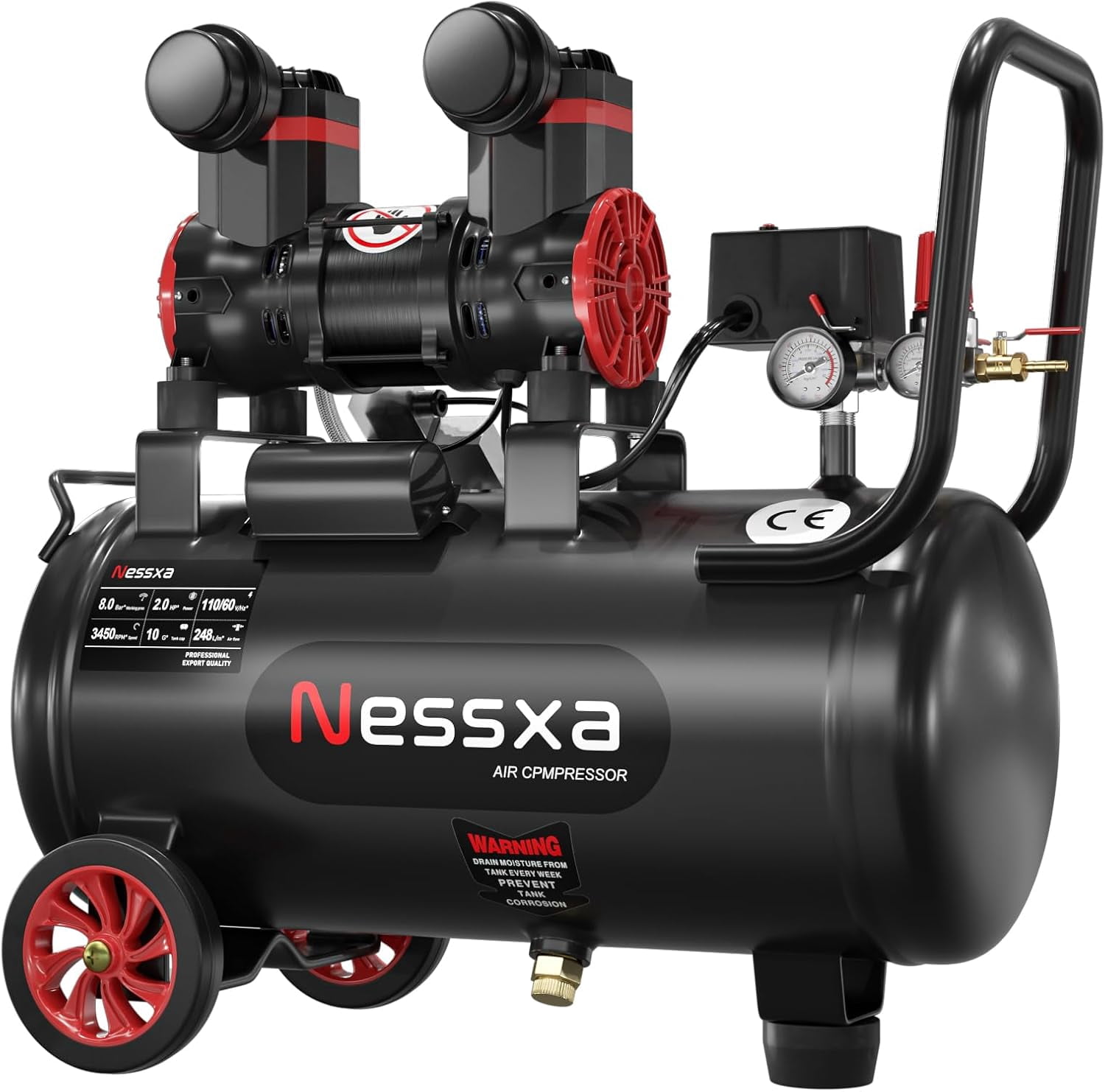 10 Gallon Ultra Quiet Oil-Free Air Compressor, 2HP 8.76 CFM@115PSI, 70dB, Dual Quick Couplers, Electric Portable Compressor for Garage, Woodwork Nailing & Auto Repair