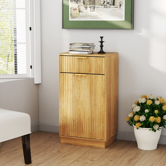 10-Gallon Woodgrain Tilt-Out Trash Can Cabinet with Wave-Textured Drawer & Pull-Out Bin - Multipurpose Kitchen/Bath Organizer in Oak Finish