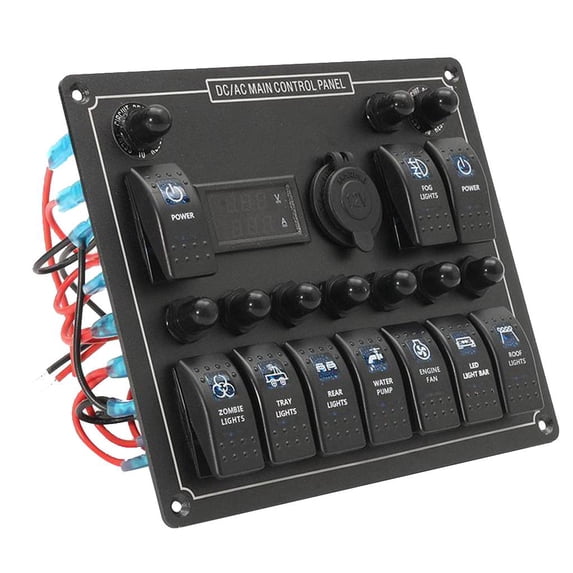 10 Gang Rocker Switch Panel for 12V-24V RV Marine Car - Waterproof Digital Voltmeter Display + Socket, Blue Lighted Breaker Switches