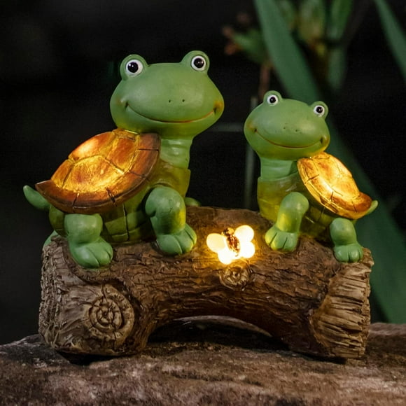 10" Garden Statue Turtles Figurine-Cute Frog Face Turtles Resin Statue with Solar Lights, Outdoor Fall Gnomes Decorations for Yard Lawn Ornaments, Garden Gifts for Mom