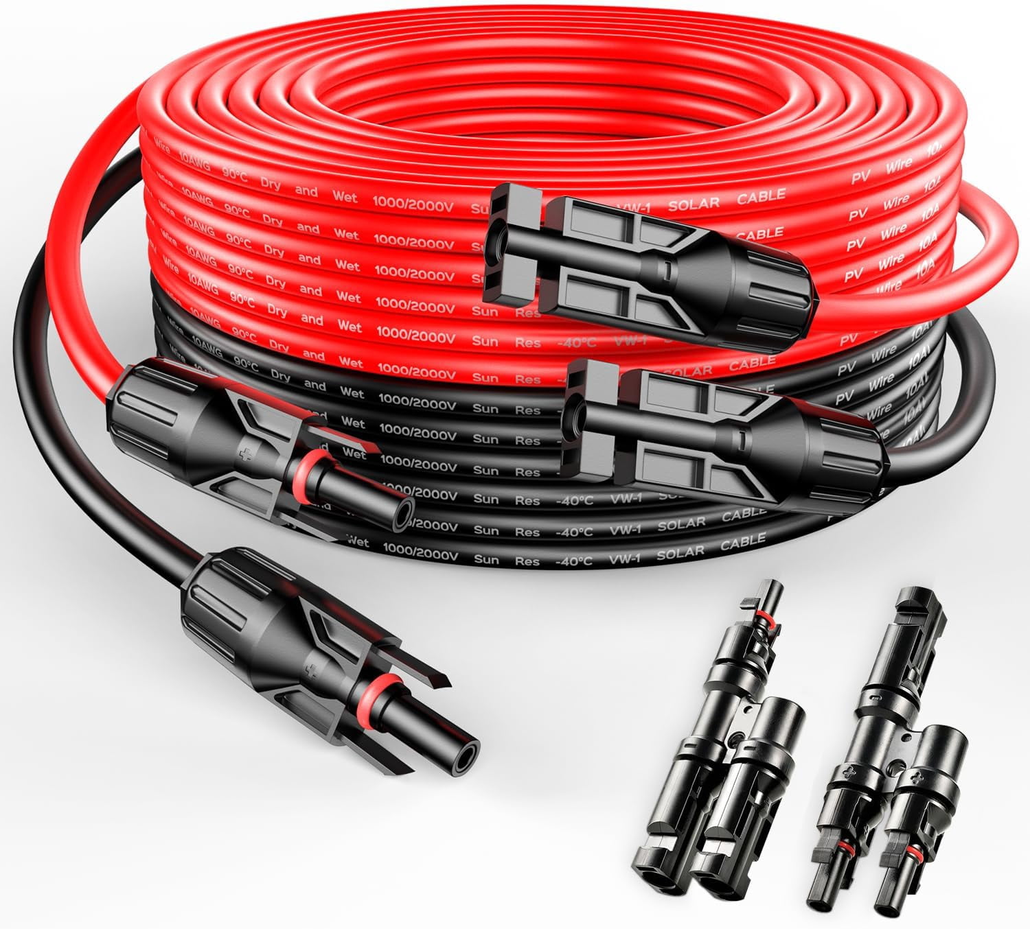10 Gauge 10AWG One Pair 50 Feet Red + 50 Feet Black  Panel Extension Cable Wire with Female  Male Connectors+T Branch Connectors (50FT 10AWG+T2)