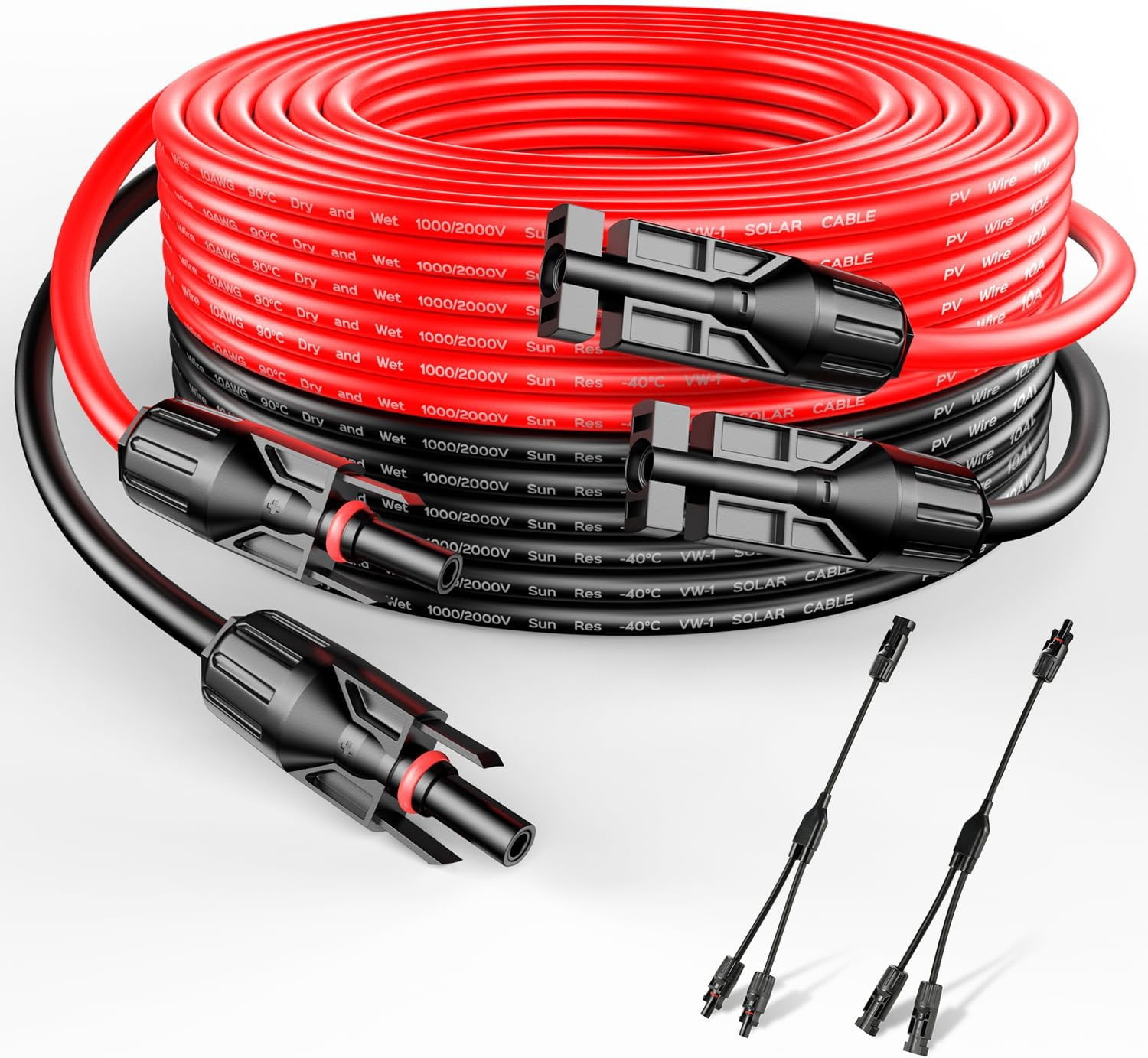 10 Gauge 10AWG One Pair 50 Feet Red + 50 Feet Black Solar Panel Extension Cable Wire with Female and Male Connectors+Y Branch Connectors (50FT 10AWG+Y2)
