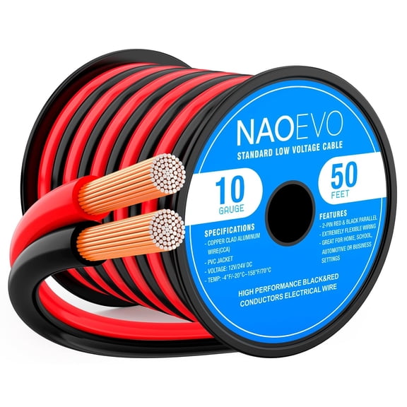 10 Gauge Wire 50FT, 2 Conductors Electrical Wire Red Black Cable, Flexible/Low Voltage/PVC 10 A Copper Clad Aluminum Exteon Cord for Ser, LED Strips, Automotive 12V/24V DC