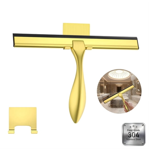 10" Glass Squeegee Heavy Duty (Gold) - Stainless Steel Frame Silicone Blade, Rust Resistant Streak-Free, Ergonomic Handle with Hook Holder, Multi-Use for Bathroom Kitchen Car Glass