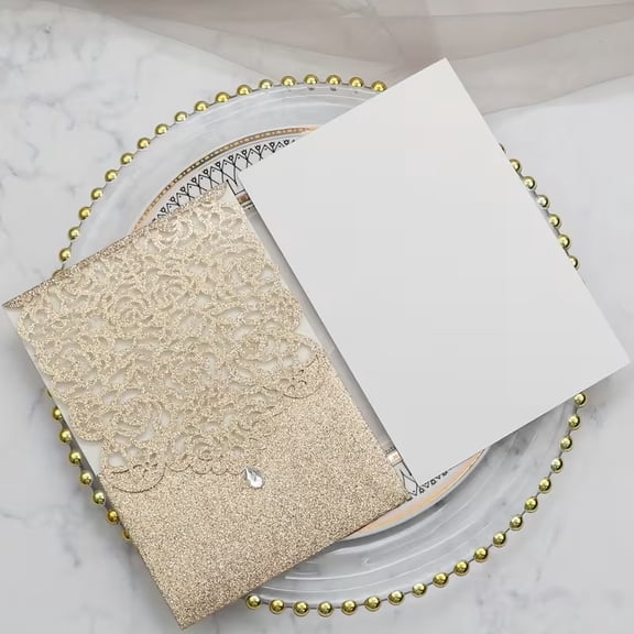 10 Glitter Paper Rose Invitations Diamond Hollow Design for Weddings