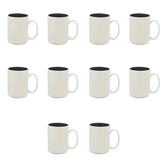 10 Glossy Two-Tone Ceramic Mugs Set, 15 oz. - Stoneware, Smooth, Durable, C-handle - Black