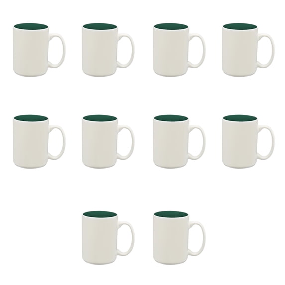 10 Glossy Two-Tone Ceramic Mugs Set, 15 oz. - Stoneware, Smooth, Durable, C-handle - Green