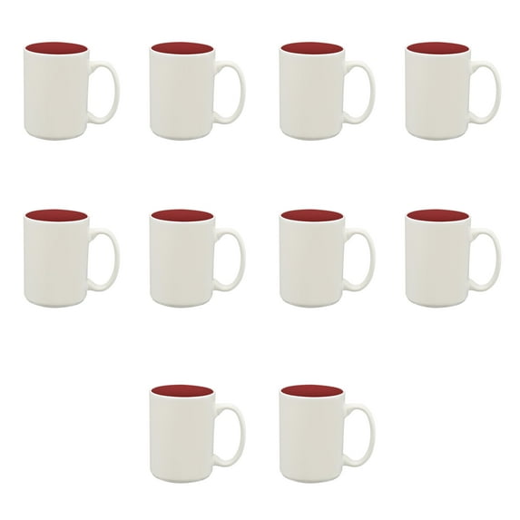 10 Glossy Two-Tone Ceramic Mugs Set, 15 oz. - Stoneware, Smooth, Durable, C-handle - Maroon