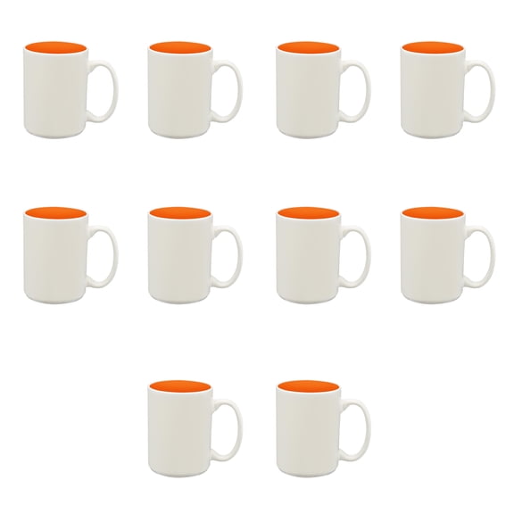 10 Glossy Two-Tone Ceramic Mugs Set, 15 oz. - Stoneware, Smooth, Durable, C-handle - Orange