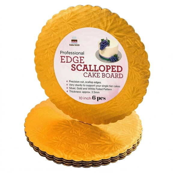 Cake S.O.S 10 inch Gold Scalloped Edge Corrugated Cardboard Cake Boards, 6-Pack