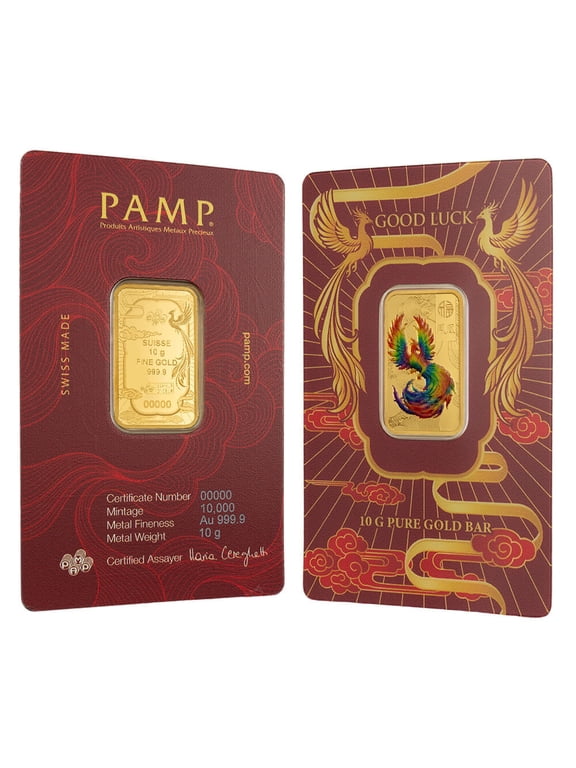 10 Gram PAMP Suisse Good Luck Phoenix Colorized Gold Bar .9999 Fine (in Assay)