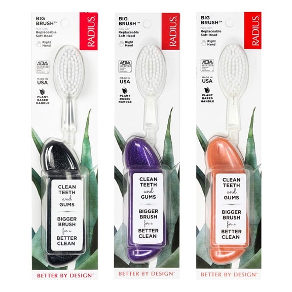 RADIUS Big Brush BPA Free & ADA Accepted Toothbrush Designed to Improve Gum Health & Reduce Gum Issues - Right Hand - Purple/ Sea Shell/ Midnight Sky - Pack of 3