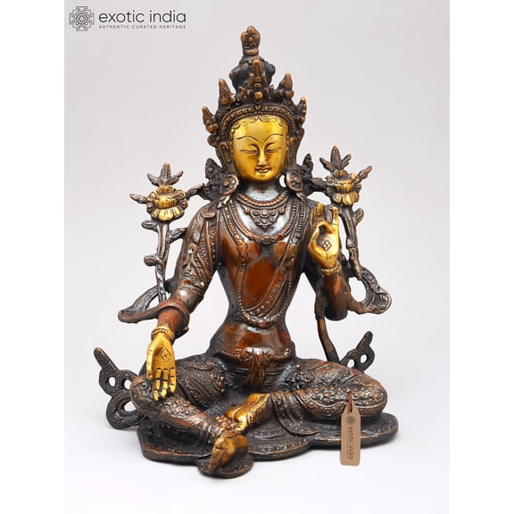10" Tibetan Buddhist Goddess Green Tara in Brown and Golden Hues In Brass | Handmade | Made In India