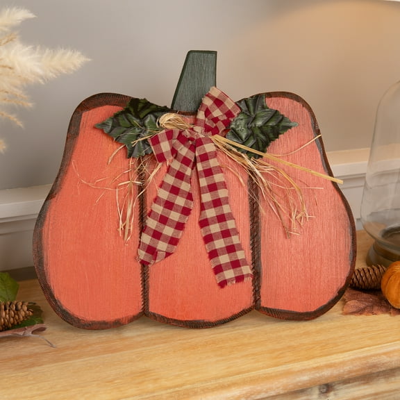 10" Green and Orange Fall Harvest Wood Pumpkin