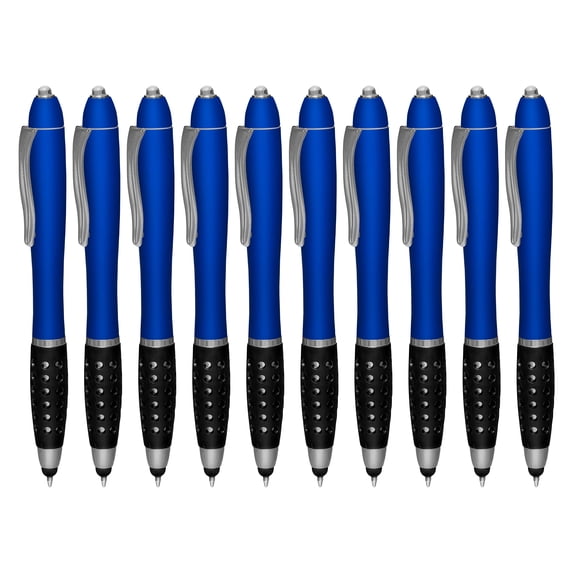 10 Gripper Stylus Pens with LED Light Pack - Twist mechanism, Black Ink - Blue