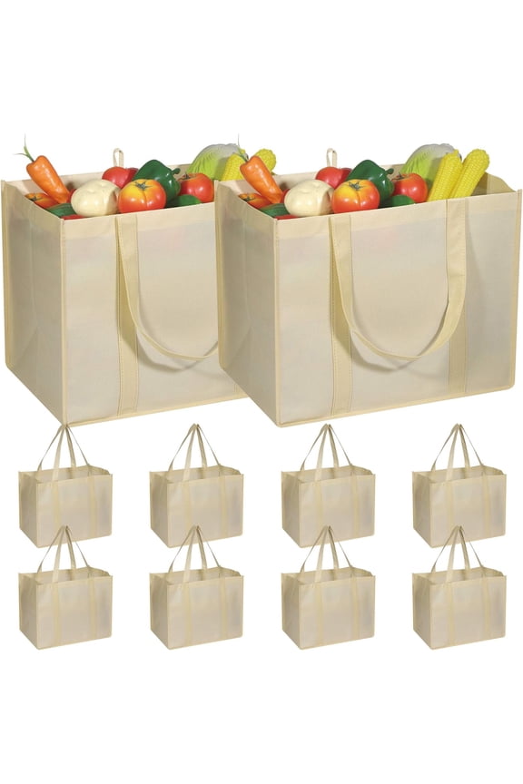 10 Grocery Bags Shopping Tote Bags with Reinforced Handles, Beige