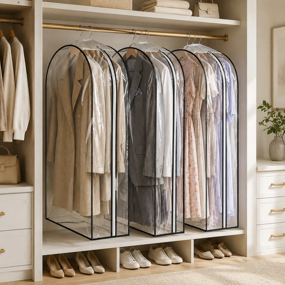 10" Gusseted Clear Garment Bags 3 Pack, Large Suit Bags for Closet Storage, 43 Inch Hanging Clothes Covers for Coats, Dresses, Shirts and Seasonal Clothing