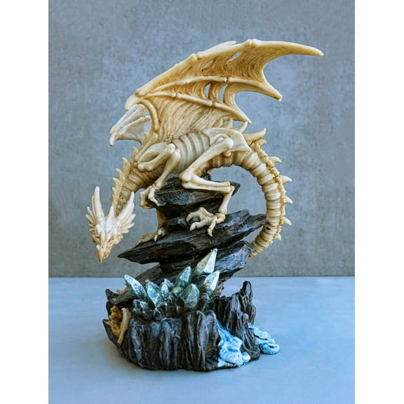 10"H Gothic Skeleton Bone Dragon Perching On Crystal Cavern Statue Ghost Drake