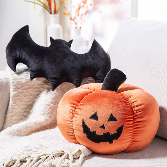10" Halloween Fuzzy Polyester Jack-O-Lantern & Bat Pillows Set - 2 Piece
