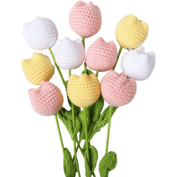 10 Handmade Crochet Tulip Flowers, Multicolor Artificial Bouquet ...