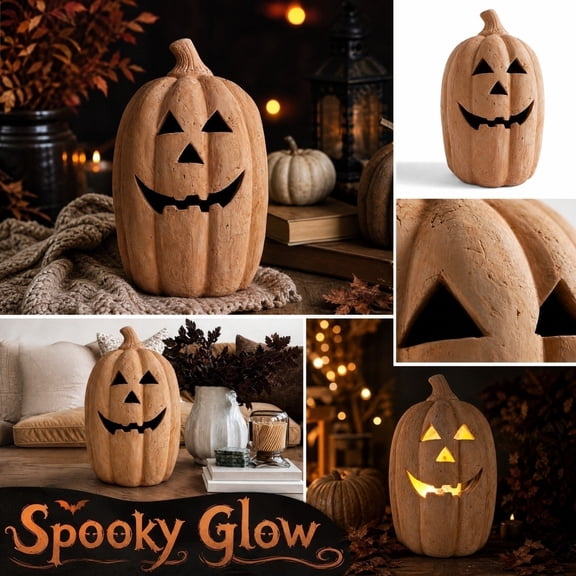 10" Handmade Pumpkin Jack-O'-Lantern Decor, Halloween Autumn Centerpiece for Indoor Tabletop, Mantel, Shelf & Rustic Fall Home