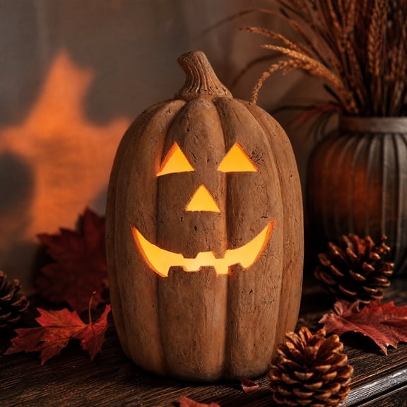 10" Handmade Pumpkin Jack-O'-Lantern, Halloween Fall Tabletop Decor with Rustic Farmhouse Style for Mantel, Porch, Shelf & Entryway