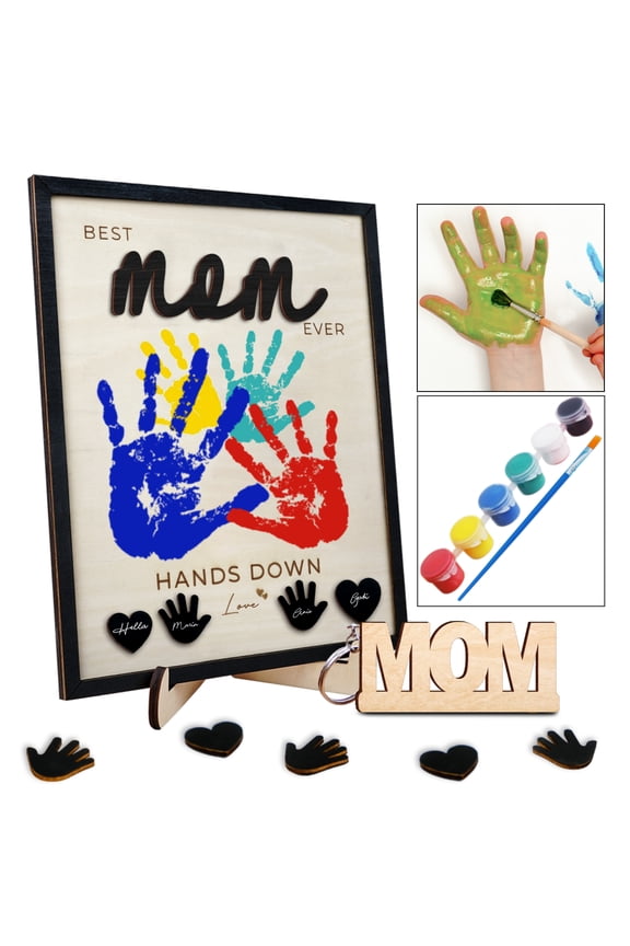 10" Hands Down Best Mom Ever DIY Handprint Kit with Acrylic Paints, Art Craft Family Keepsake Wood Frame Mom Keychain Birthday Mother's Day Gift for Mum, Family Memories Sign with Kids Names HF90-M